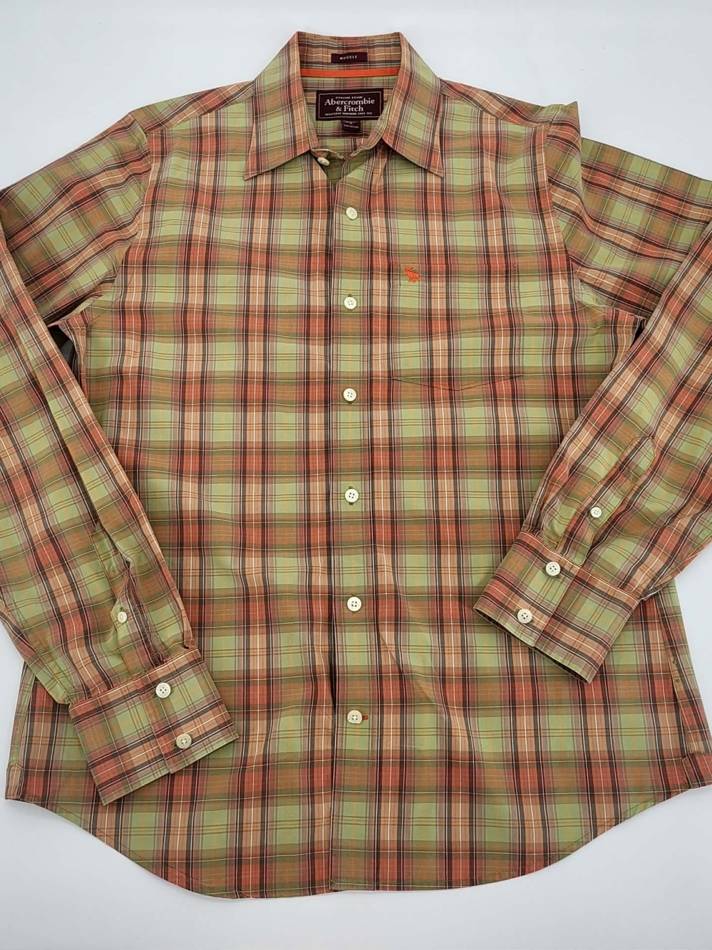 Abercrombie & Fitch Orange and Green Plaid Long-Sleeve Button-Down Shirt